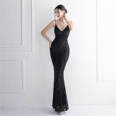 Sequined Fringed Fishtail Maxi Dress