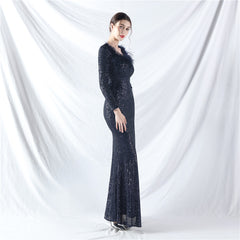 Ostrich Feather Sequin Split Maxi Dress