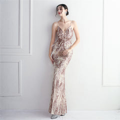 Elegant Sequin Beaded Fishtail Maxi Dress