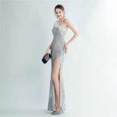 One-Shoulder Sequin Feather Maxi Dress