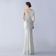 Sequined One-Shoulder Ostrich-Feather Maxi Dress