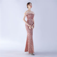 Off-Shoulder Sequin Feather Maxi Dress