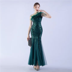 Beaded Sequined Ostrich Feather Maxi Dress