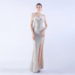 Ostrich Feather Strapless Maxi Dress