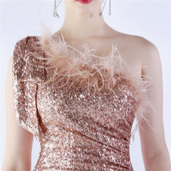 Sequined One-Shoulder Ostrich-Feather Maxi Dress