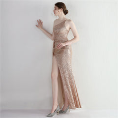 Sequin One-Shoulder Fishtail Maxi Dress