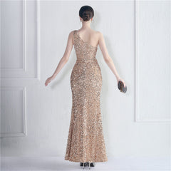 One-Shoulder Sequined Fishtail Maxi Dress