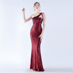 Sequin Beaded One-Shoulder Maxi Dress
