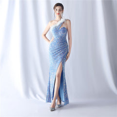 One-Shoulder Feathered Sequin Maxi Dress