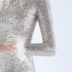 One-Shoulder Sequined Feather Dress
