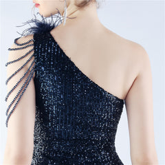 One-Shoulder Ombre Sequin Feather Dress