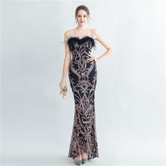 Ostrich Feather Strapless Maxi Dress