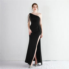 Beaded One-Shoulder Fishtail Maxi Dress