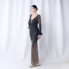 Ostrich Feather Gradient Sequin Maxi Dress