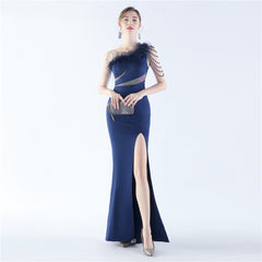 One-Shoulder Rhinestone Diagonal Collar Maxi Dress