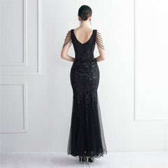 Sequined Beaded Fishtail Maxi Dress