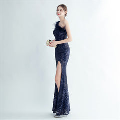 One-Shoulder Sequin Feather Maxi Dress