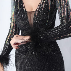 Ostrich Feather Gradient Sequin Maxi Dress