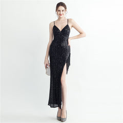 Beaded Sequin Side-Slit Maxi Dress