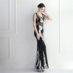 Sequined Beaded Fishtail Maxi Dress