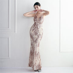 Elegant Sequin Beaded Fishtail Maxi Dress