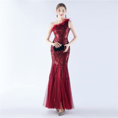 Ostrich Feather Sequined One-Shoulder Maxi Dress