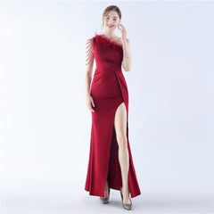 One-Shoulder Feather Maxi Dress