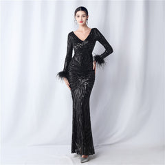 V-Neck Ostrich Feather Sequin Maxi Dress