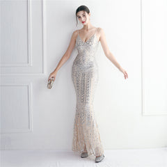 Sequined Fringed Fishtail Maxi Dress