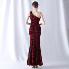 One-Shoulder Feathered Sequin Maxi Dress