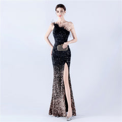 One-Shoulder Sequin Feather Maxi Dress