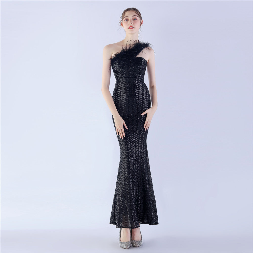 Asymmetric One-Shoulder Sequined Maxi Dress