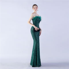 Ostrich Feather Strapless Maxi Dress
