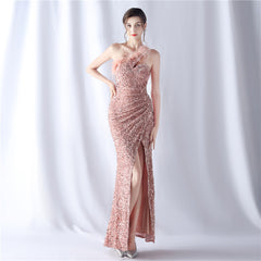 One-Shoulder Feathered Sequin Maxi Dress