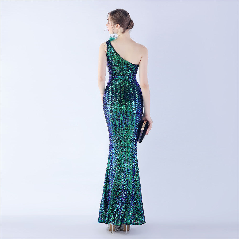 Asymmetric One-Shoulder Sequined Maxi Dress