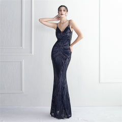 V-Neck Sequined Beaded Maxi Dress