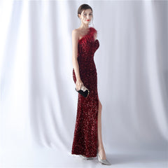 One-Shoulder Feathered Sequin Maxi Dress