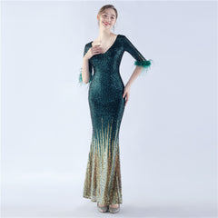 Ostrich Feather Sequin Maxi Dress