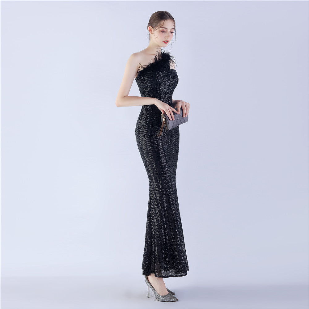 Asymmetric One-Shoulder Sequined Maxi Dress