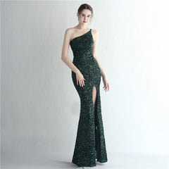 One-Shoulder Sequined Fishtail Split Maxi Dress