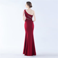 One-Shoulder Rhinestone Diagonal Collar Maxi Dress
