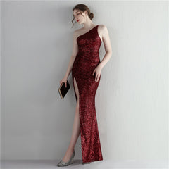 Sequin One-Shoulder Fishtail Maxi Dress