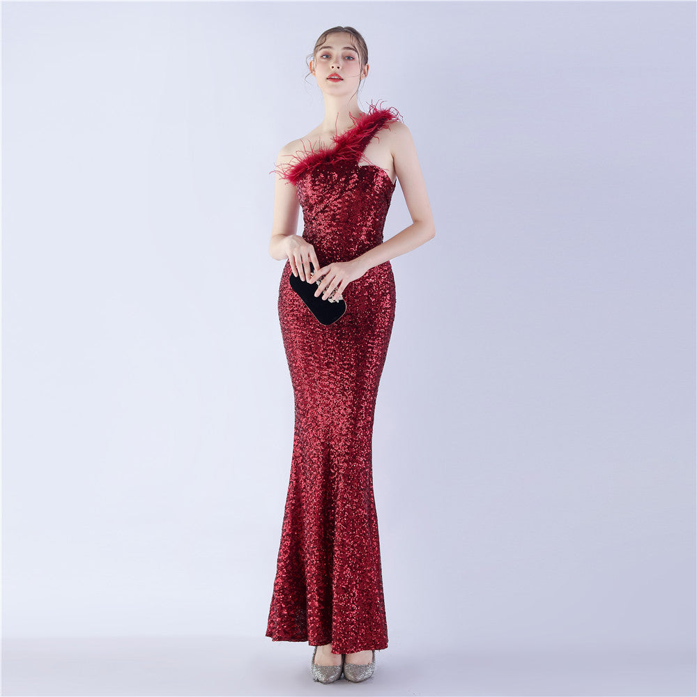 Asymmetric One-Shoulder Sequined Maxi Dress