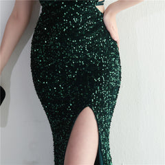 Lace-Up Sequin Split Maxi Dress