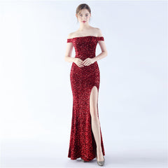 Off-Shoulder Sequin Split Maxi Dress