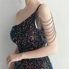 One-Shoulder Sequined Split Maxi Dress