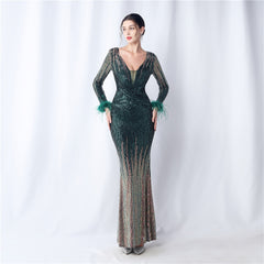 Ostrich Feather Gradient Sequin Maxi Dress