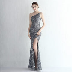 One-Shoulder Sequined Fishtail Split Maxi Dress
