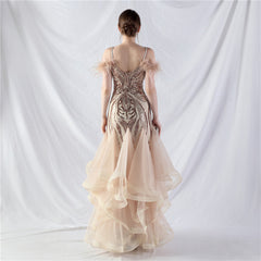 Feathered Sequin Maxi Dress