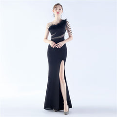 One-Shoulder Rhinestone Diagonal Collar Maxi Dress